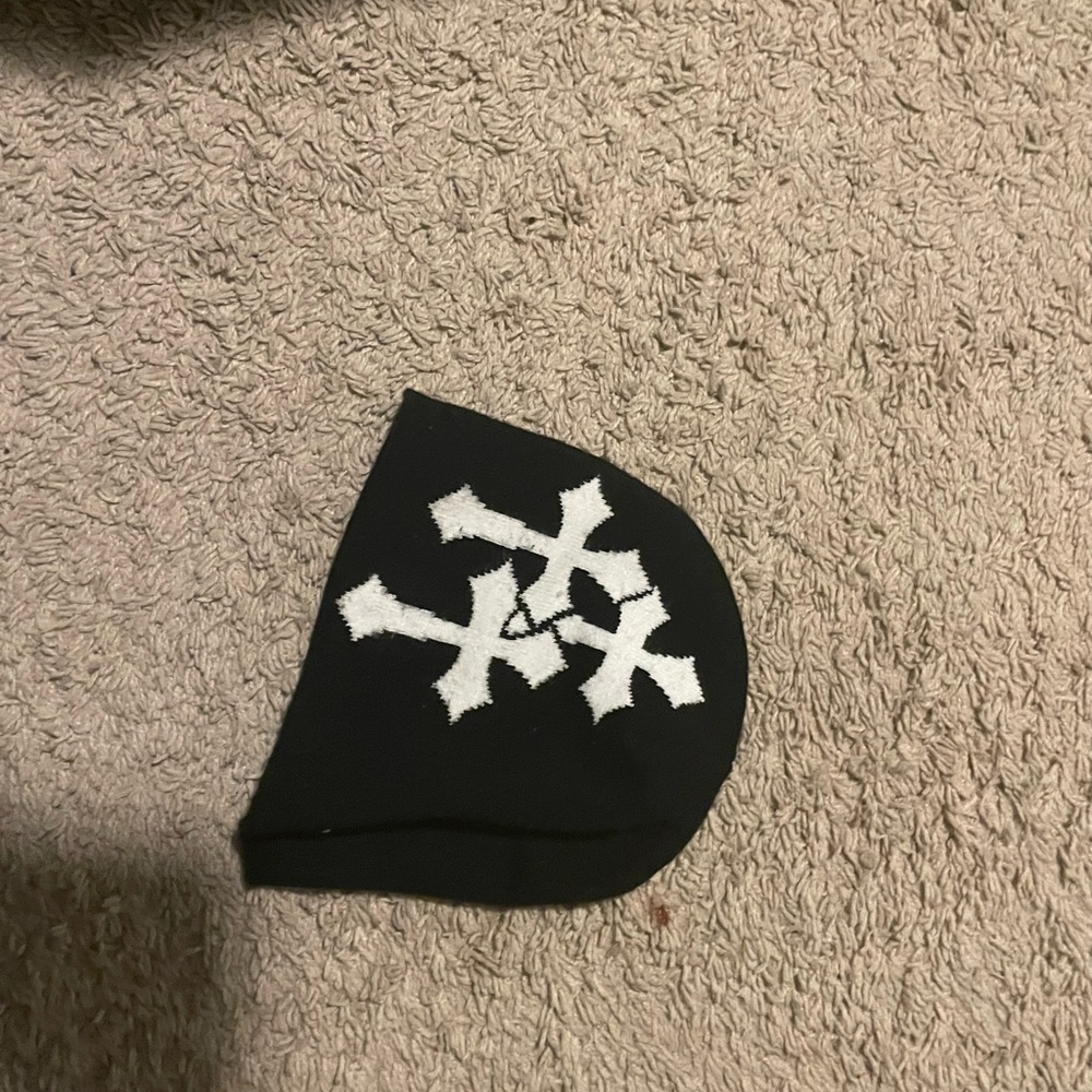 Black Beanie Hat with White Cross Motif - Men